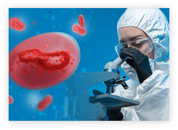 a lab technician using a microscope with red blood cells animated on the left of the image