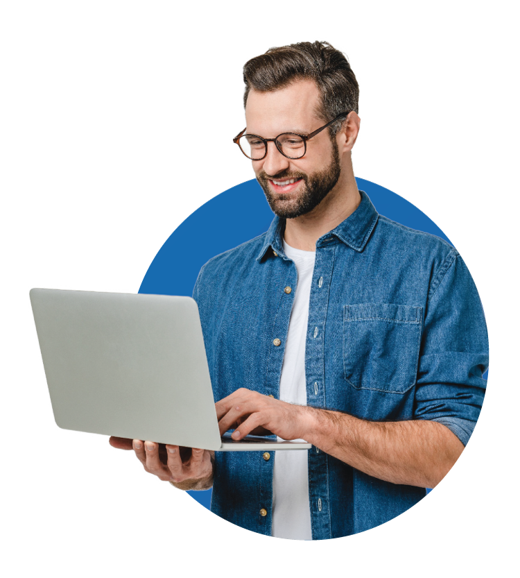 Man on laptop monitoring after flexible financing